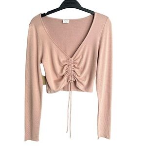 Wilfred Free Aritzia Lynx Long Sleeve Crop Ruched Front Tie Knit Top Size M Pink